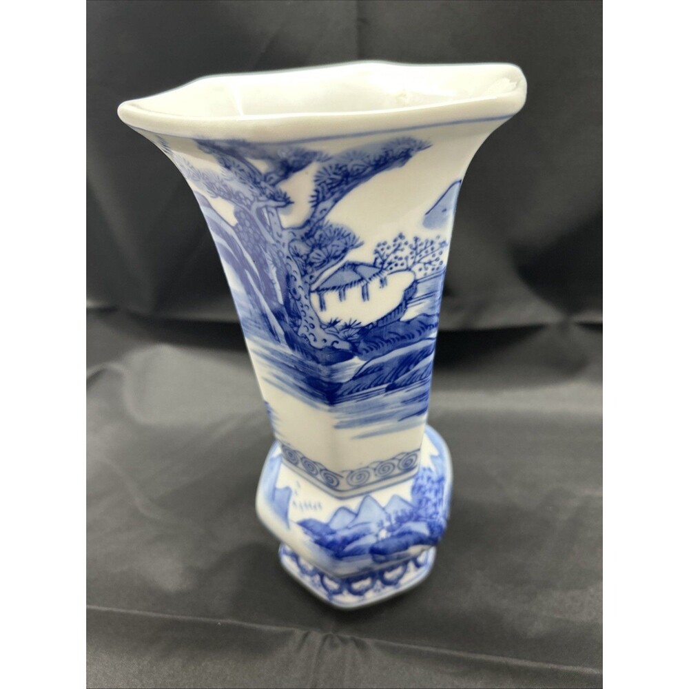 1996 Seymour Mann China Blue Porcelain Landscape Vase Hexagon 8" Vintage
